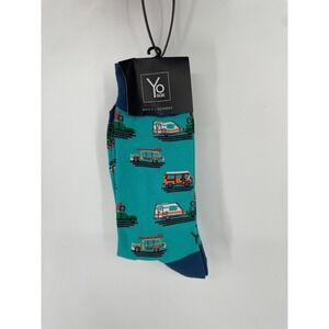 Yo Sox Crew Socks Mens 7-12 Turquoise Vehicles Print Stretch Performance NWT